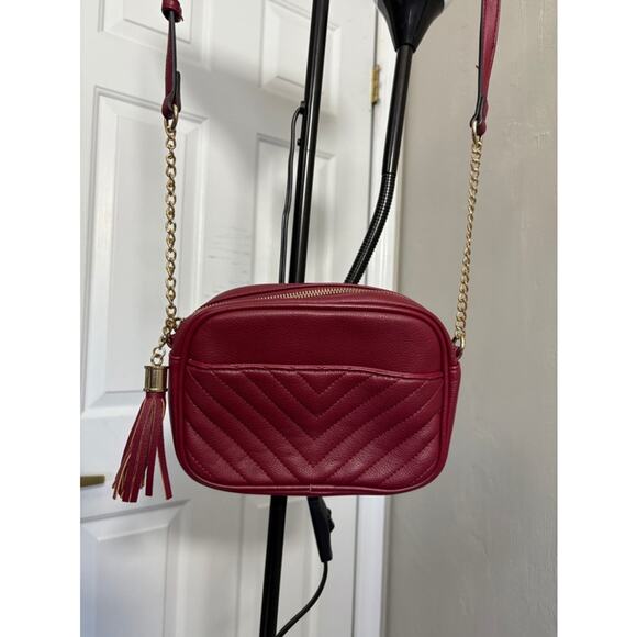Women's Crossbody Shoulder Purse Bag Small Burgundy & Gold Tassle Zipper - Picture 3 of 8